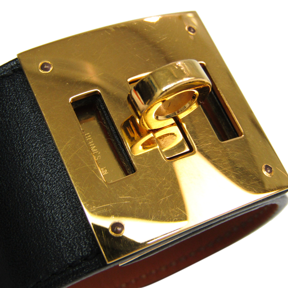 

Hermes Kelly Dog Black Leather Gold Plated Wide Bracelet