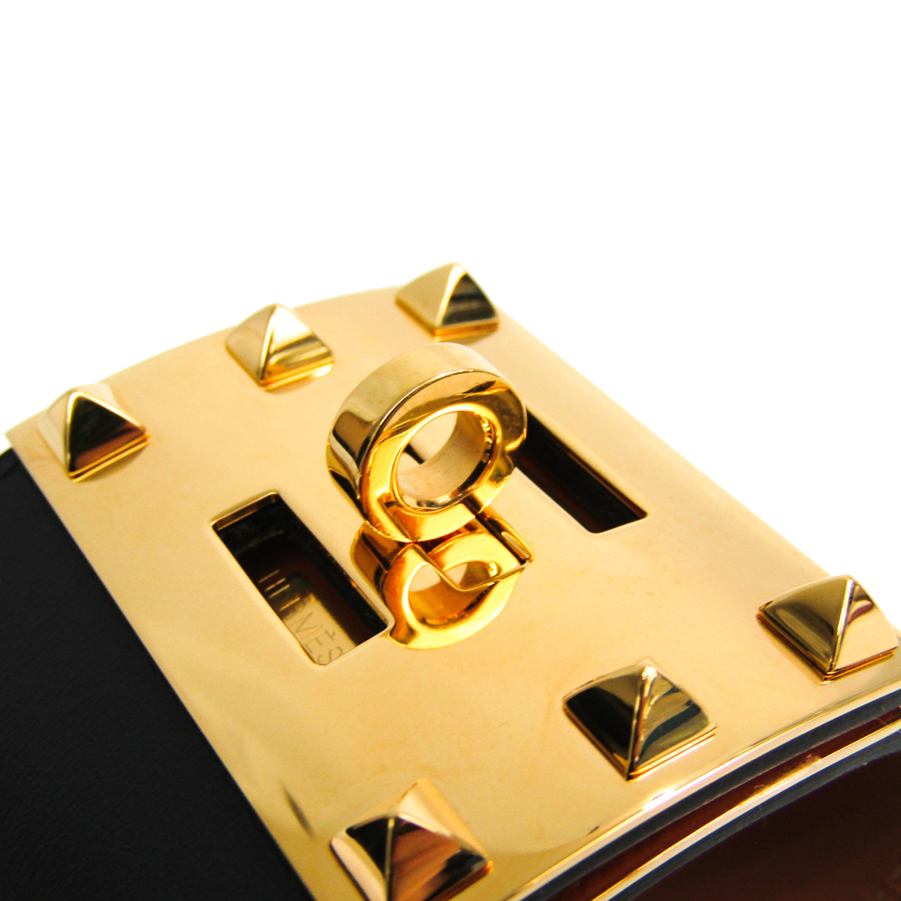 

Hermes Kelly Dog Black Leather Gold Plated Wide Bracelet