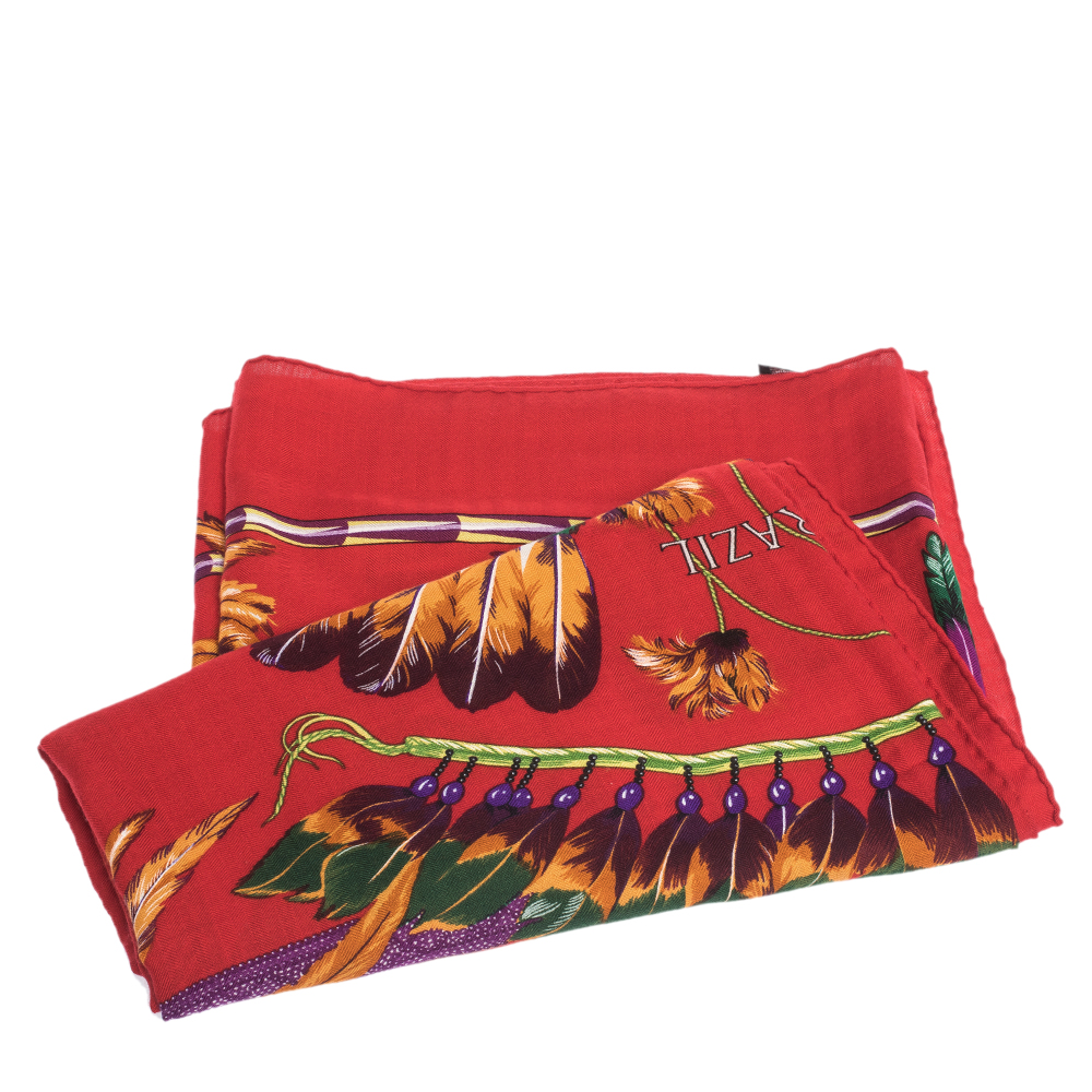 

Hermes Red Brazil Print Cashmere & Silk Giant Shawl