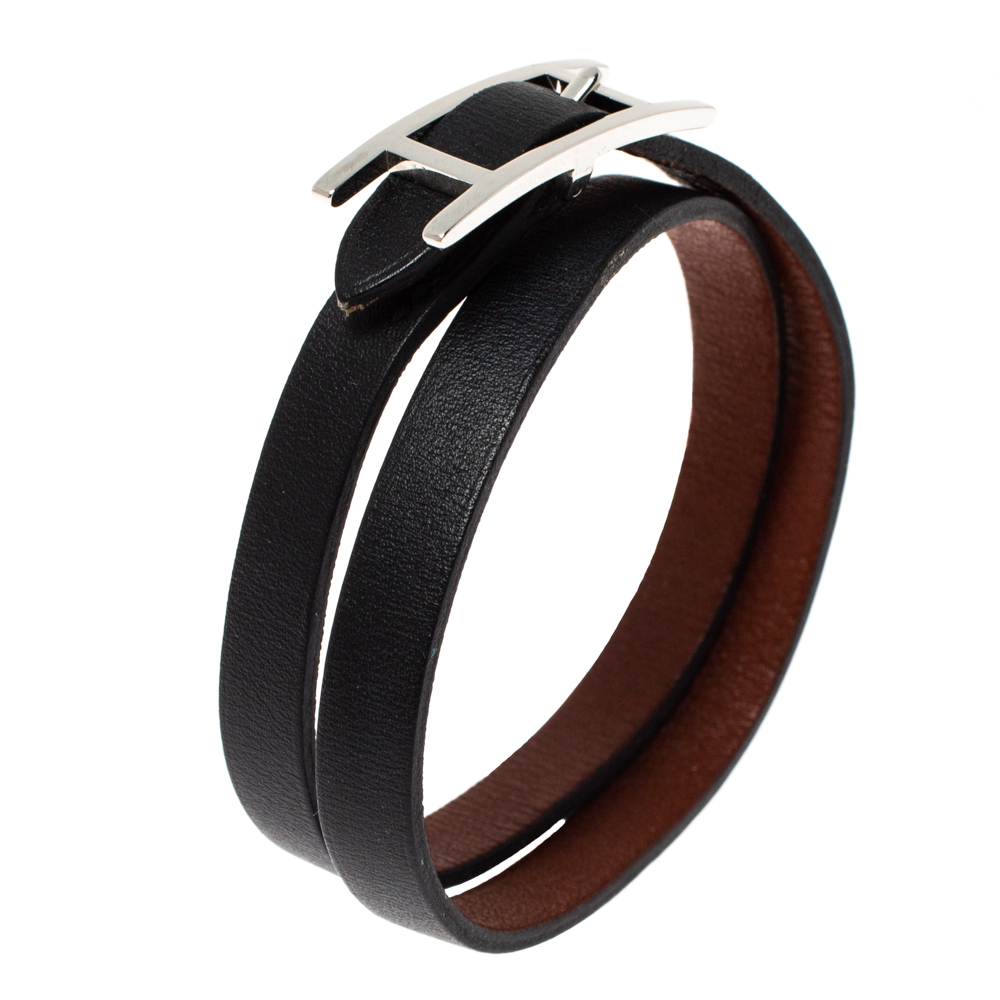 

Hermès Hapi  Black Leather Palladium Plated Wrap Bracelet GM