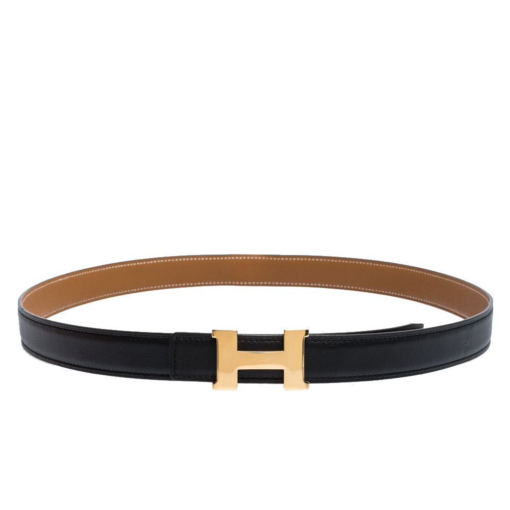 Hermes Black/Brown Swift and Epsom Leather Reversible Mini Constance Buckle Belt Size 95CM