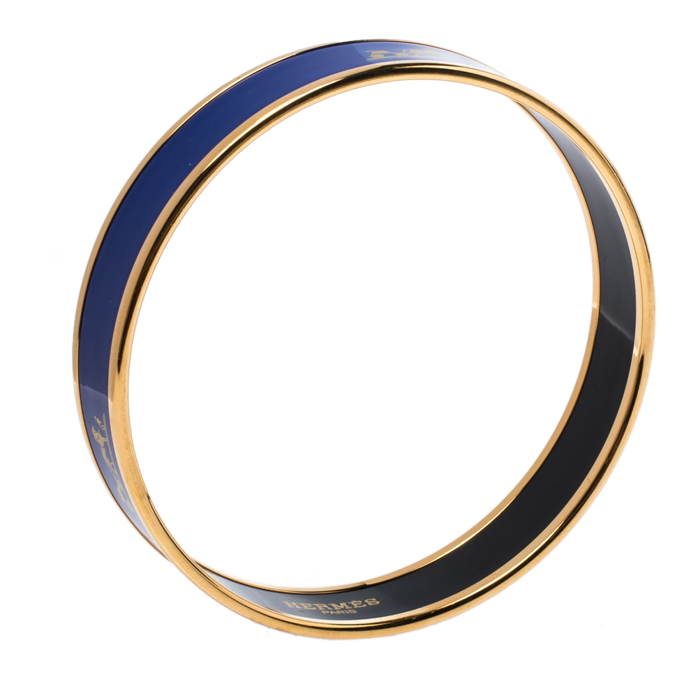 

Hermes Caleche Blue Enamel Gold Plated Narrow Bangle Bracelet