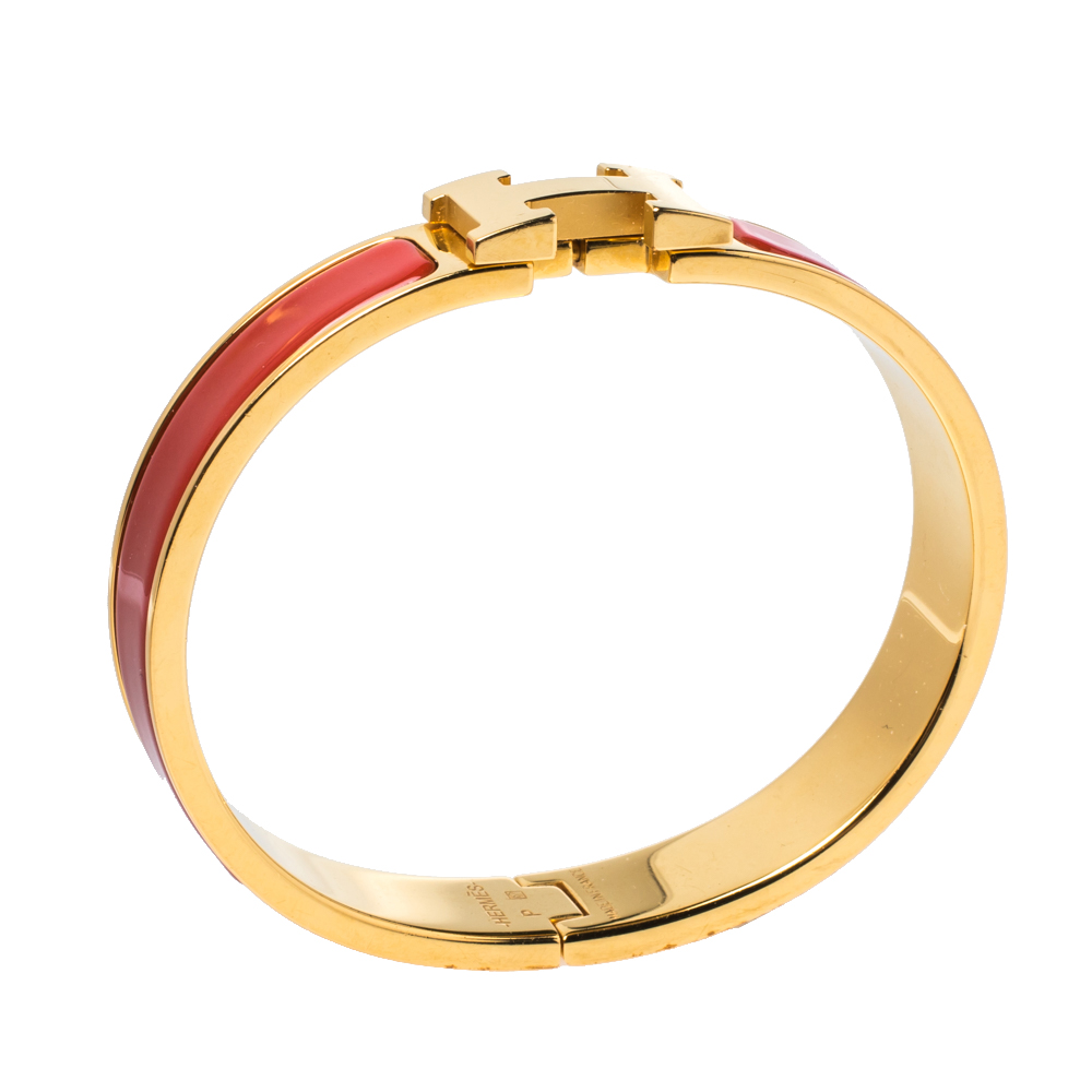 

Hermes Clic H Rouge Corail Enamel Gold Plated Narrow Bracelet PM, Red