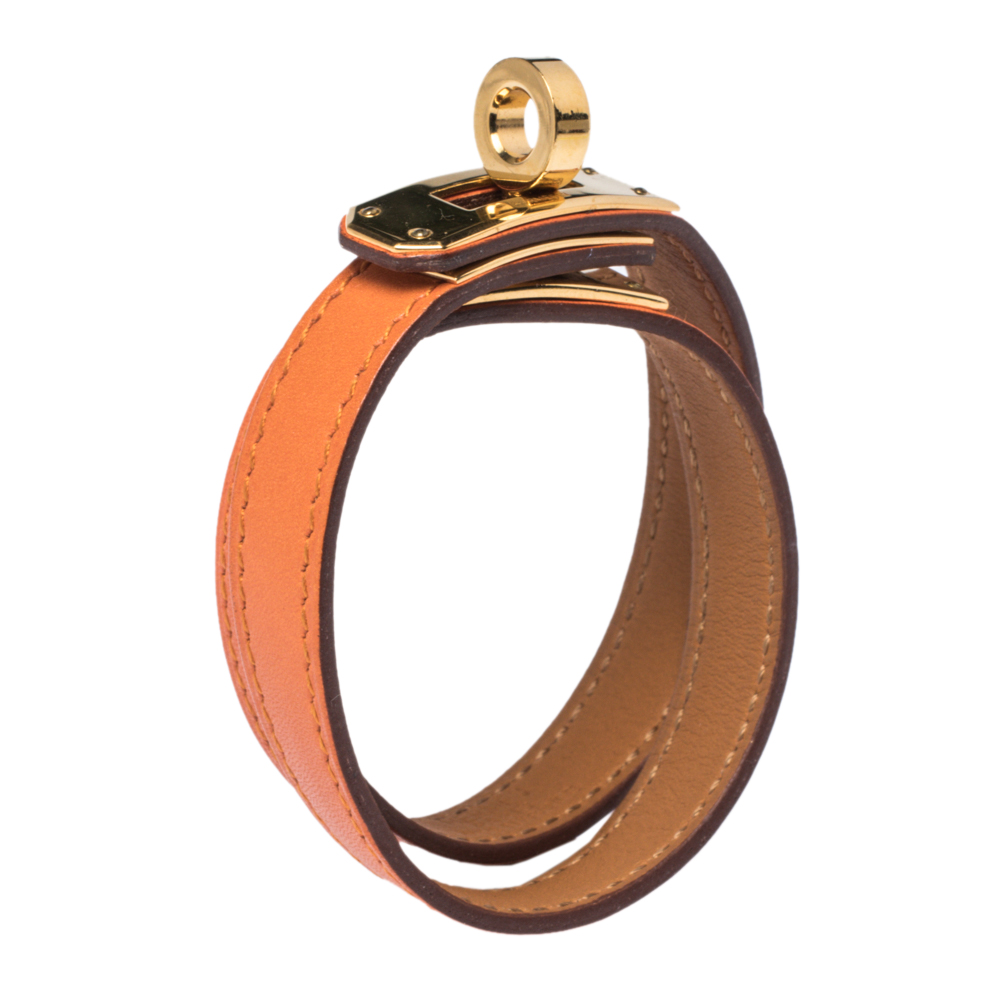

Hermes Kelly Orange Leather Double Tour Wrap Bracelet
