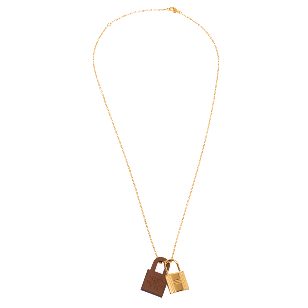 

Hermès Brown Leather Small O'Kelly Pendant Necklace, Gold