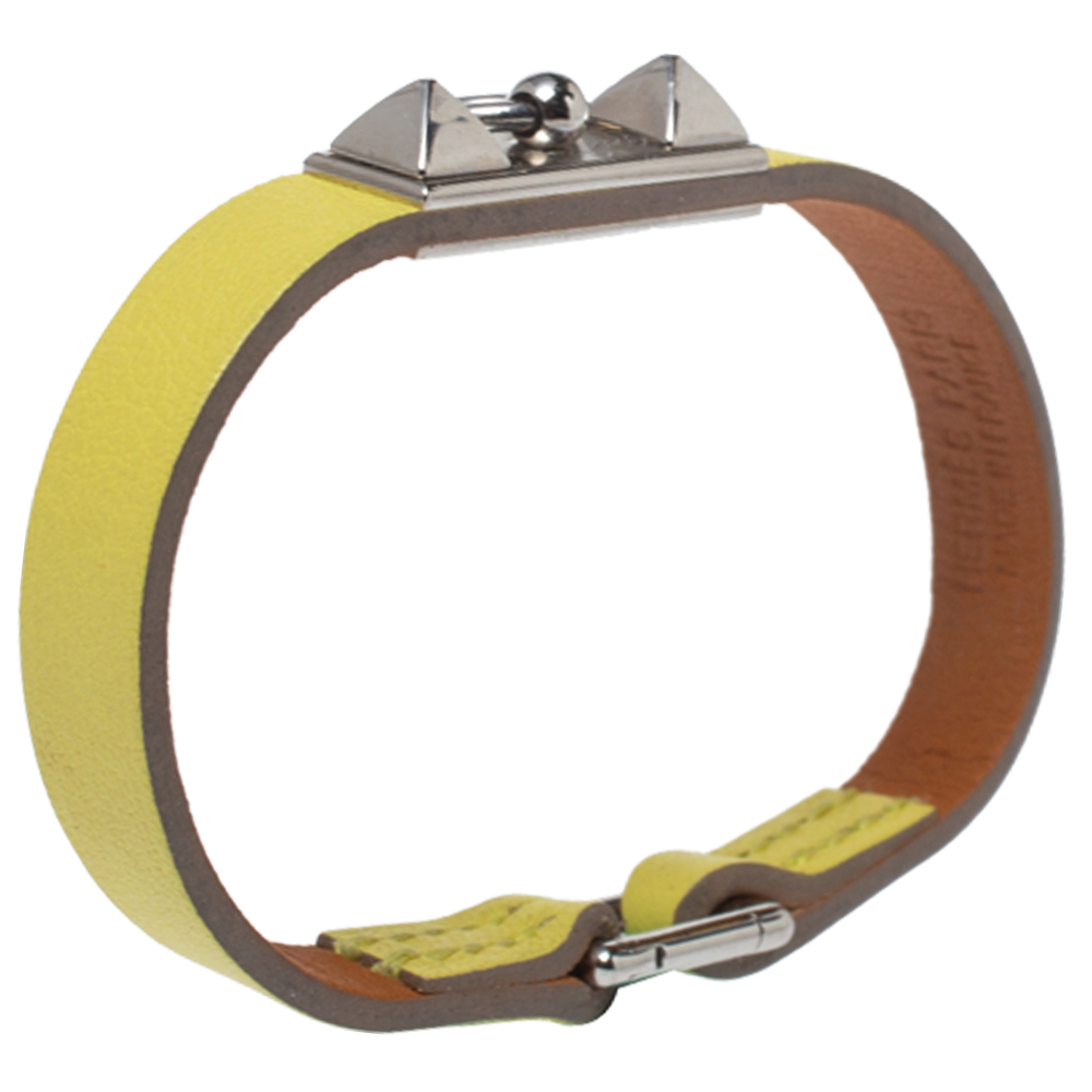 

Hermès Micro Rivale Leather Palladium Plated Bracelet, Yellow
