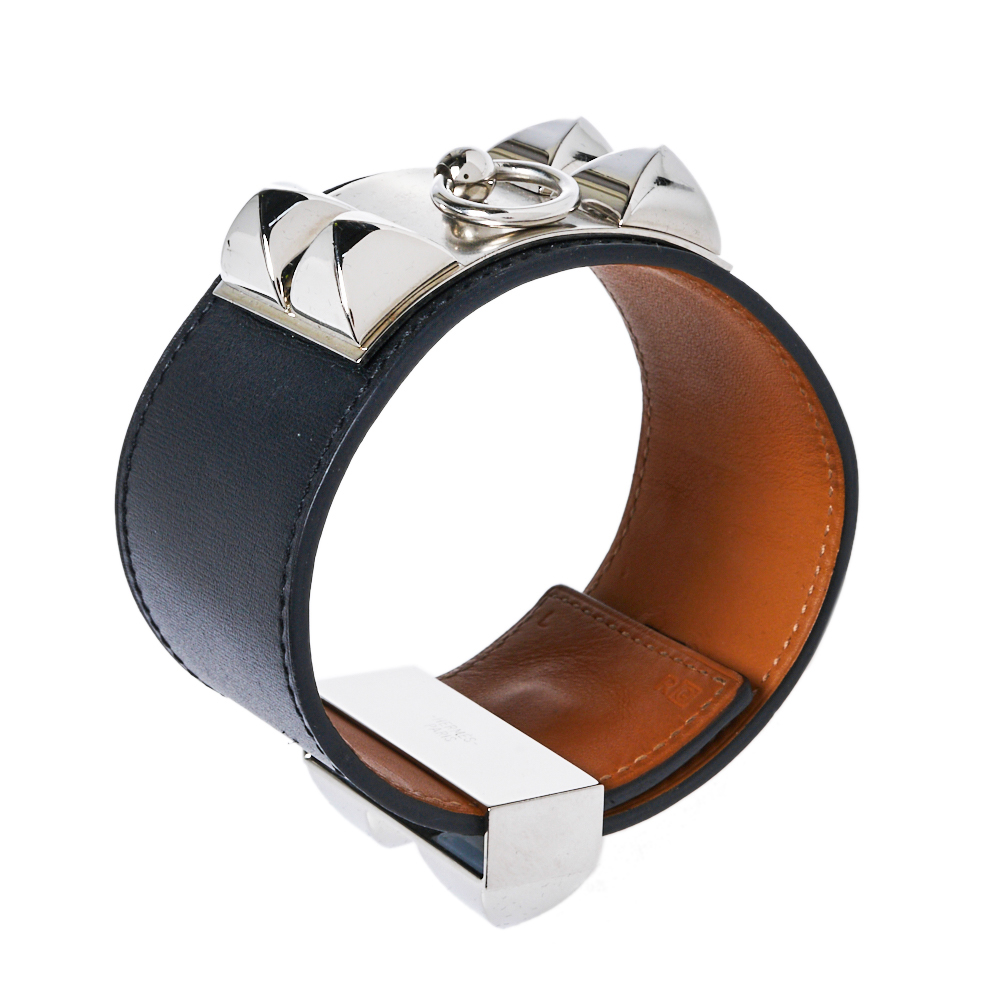 

Hermes Collier De Chien Black Leather Palladium Plated Wide Cuff Bracelet
