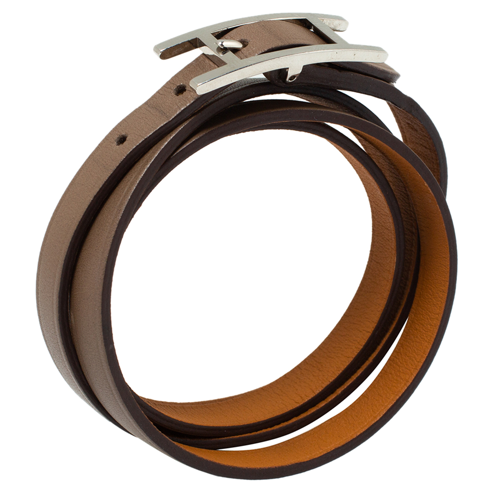 

Hermès Taupe Leather Hapi Quad Tour Wrap Bracelet, Brown