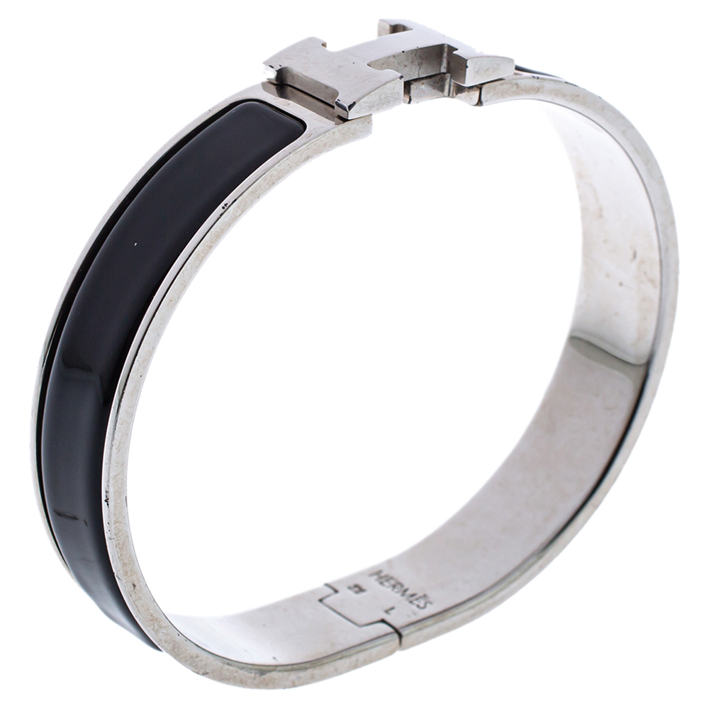 

Hermès Clic H Black Enamel Palladium Plated Narrow Bracelet GM