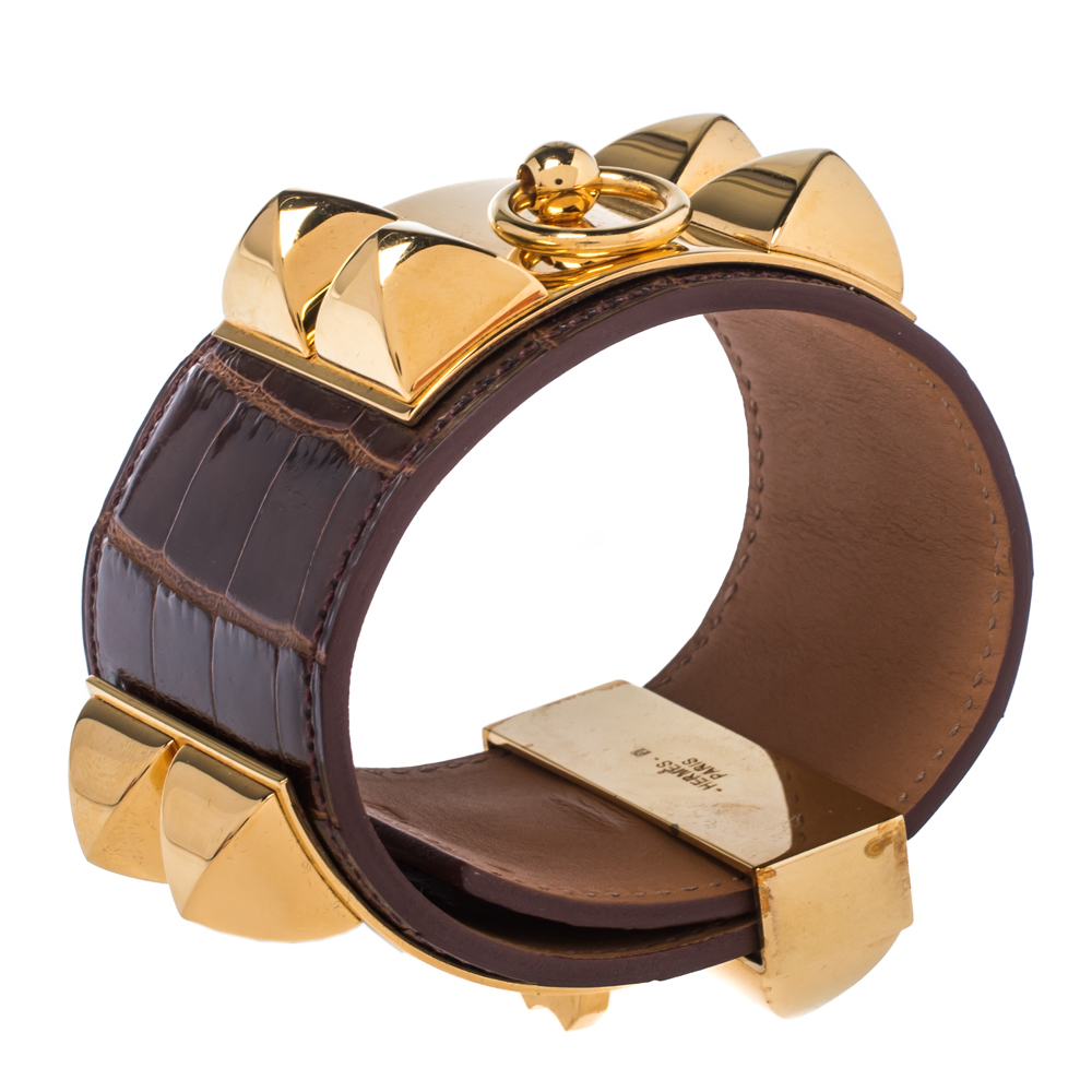 

Hermès Brown Alligator Leather Collier de Chien Cuff Bracelet