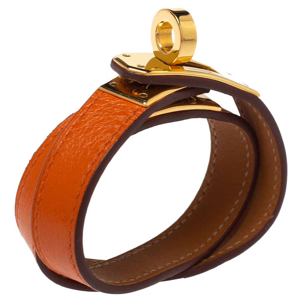 

Hermes Kelly Double Tour Orange Leather Gold Plated Wrap Bracelet