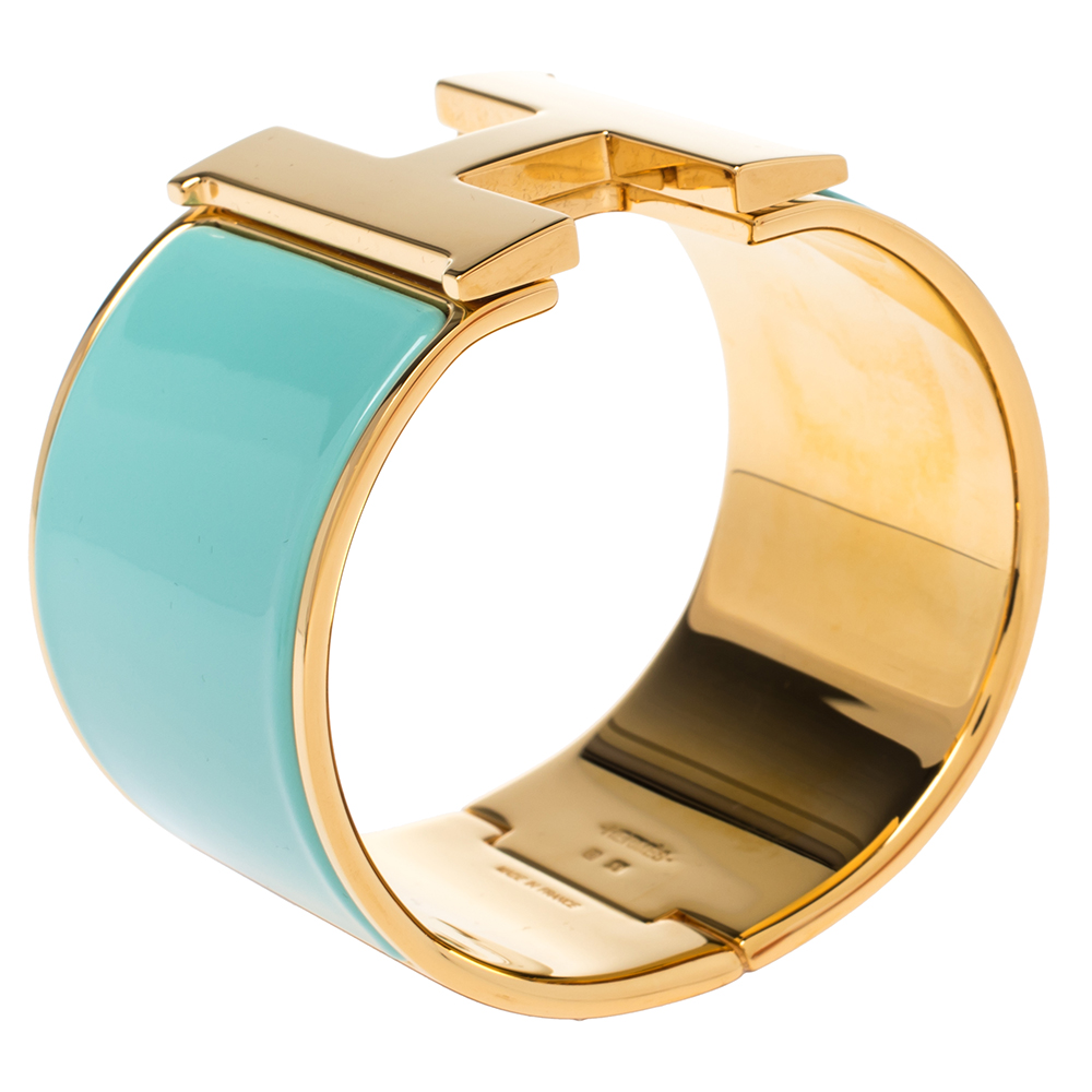 

Hermès Clic Clac H Mint Green Enamel Gold Plated Extra Wide Bracelet PM