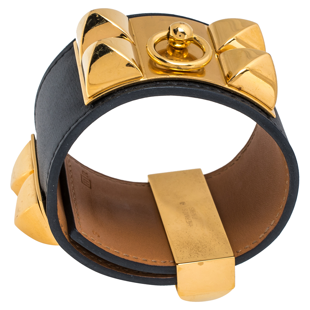 

Hermès Black Leather Collier de Chien Cuff Bracelet