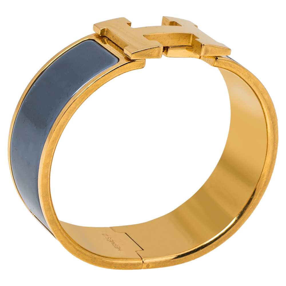 

Hermès Clic Clac H Grey Enamel Gold Plated Wide Bracelet PM