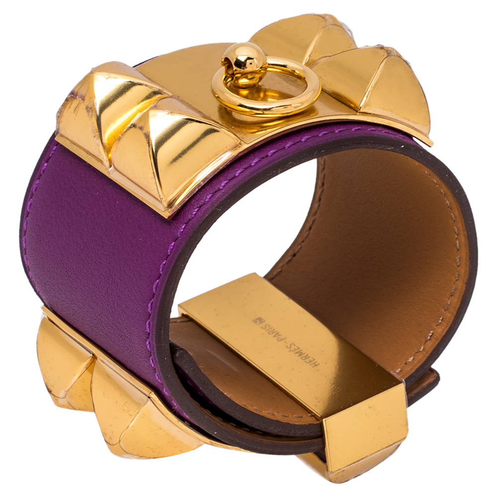 

Hermès Anemone Leather Collier de Chien Cuff Bracelet, Purple