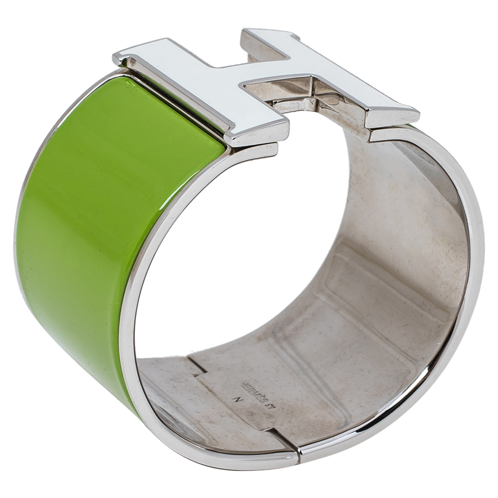 

Hermès Clic Clac H Vert Anis White Enamel Palladium Plated Extra Wide Bracelet PM, Green