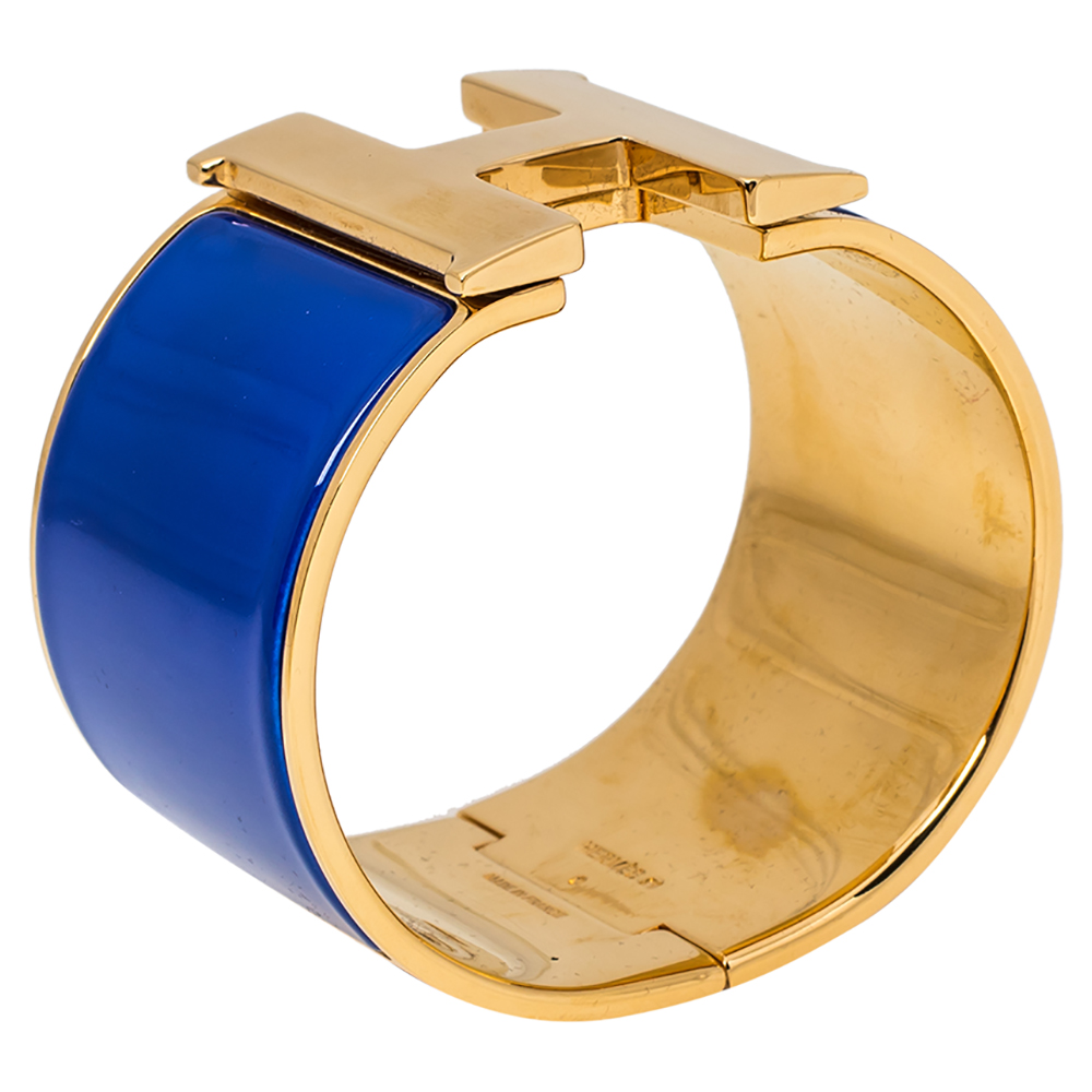 

Hermès Clic Clac H Blue Enamel Gold Plated Wide Bracelet PM