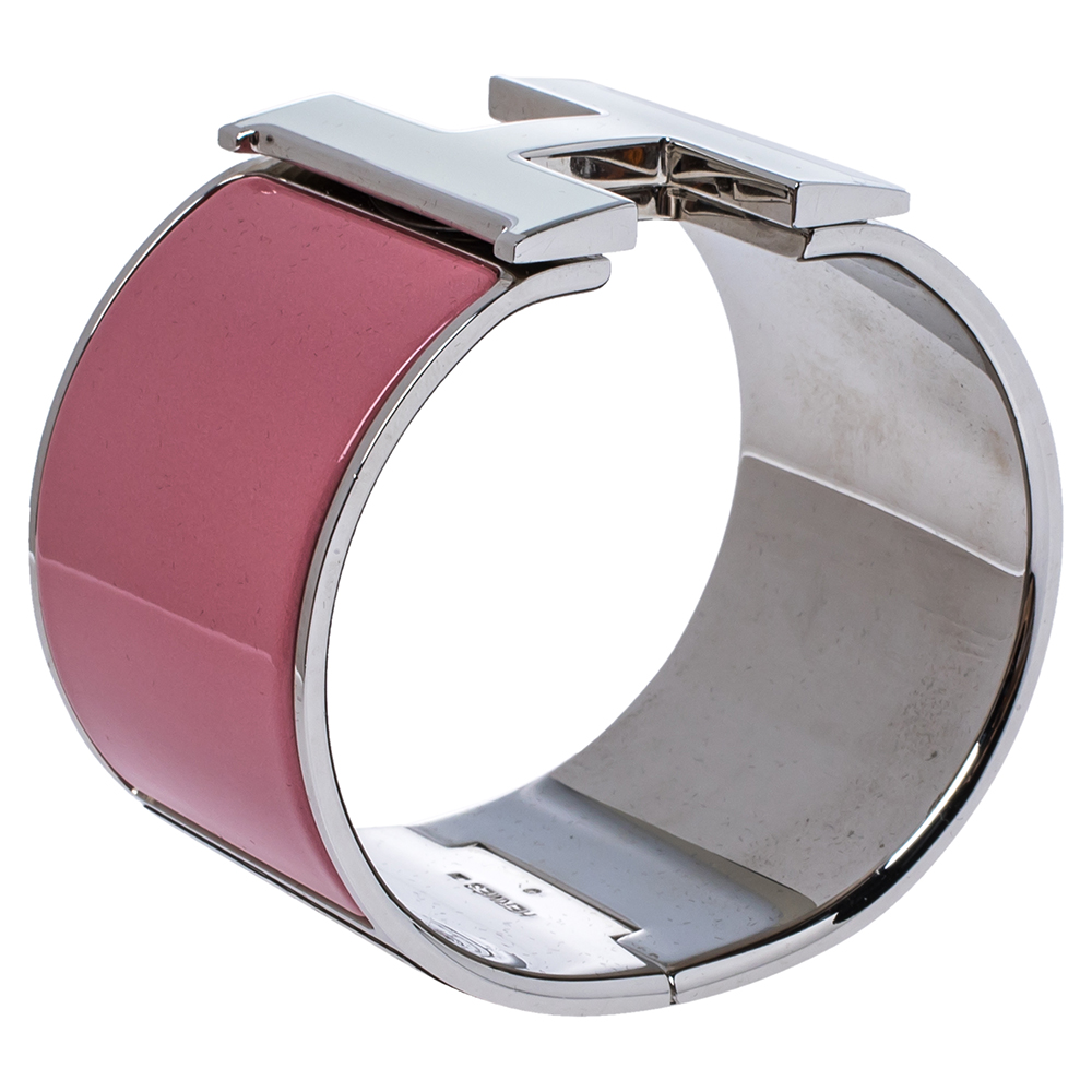 

Herm÷s Clic Clac H White & Rose Velours Enamel Palladium Plated Extra Wide Bracelet PM, Pink