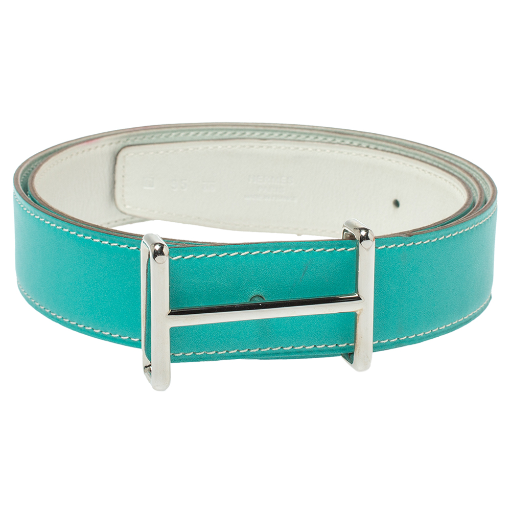 

Hermes Green/White Leather Idem Reversible Belt Size