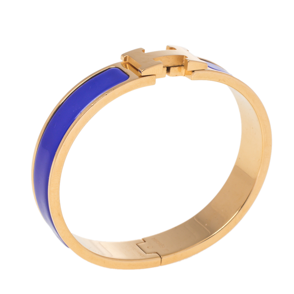 

Hermès Clic H Blue Enamel Gold Plated Narrow Bracelet PM