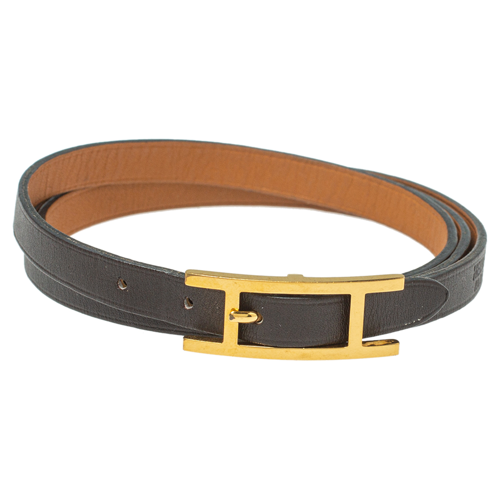 Hermes Hapi 3 Brown Leather Gold Plated Wrap Bracelet