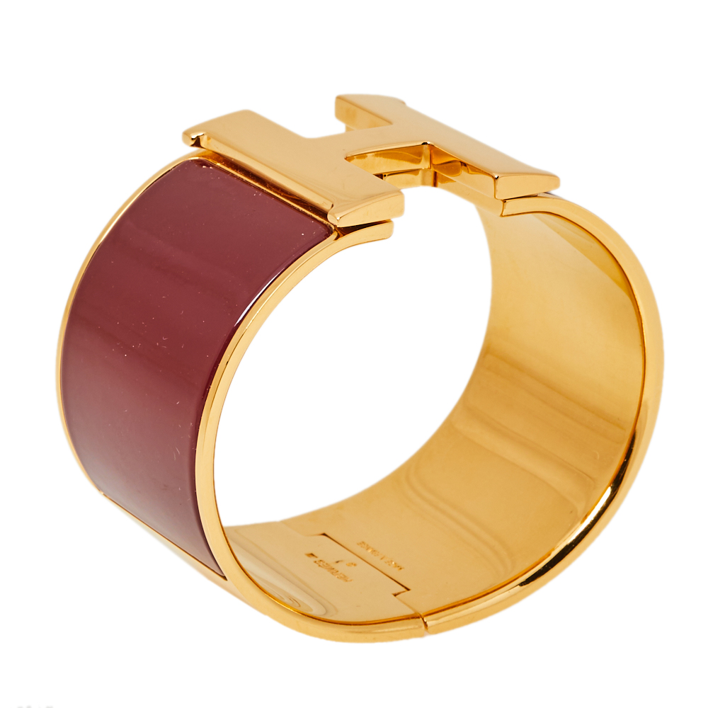 

Hermes Clic Clac H Burgundy Enamel Gold Plated Extra Wide Bracelet GM