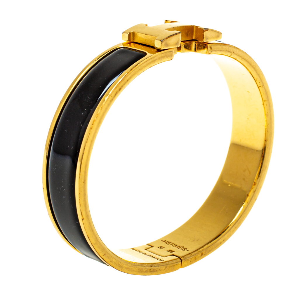 

Hermès Clic H Black Enamel Gold Plated Narrow Bracelet PM