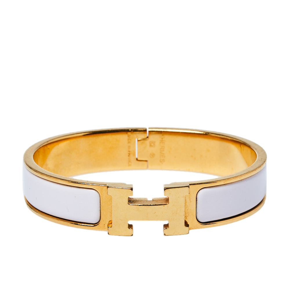 Pre-owned Hermes Herm&egrave;s Clic H Craie Enamel Gold Plated Narrow Bracelet Pm In White