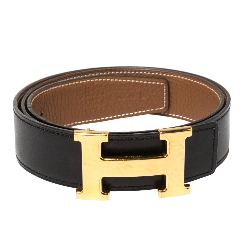 

Hermes Noir/Gold Blue Swift and Togo Leather H Buckle Belt Size, Black