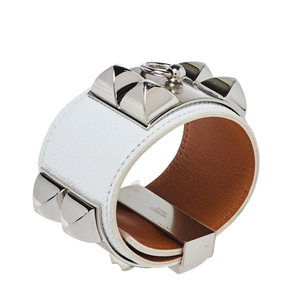 

Hermes Collier De Chien Epsom Leather Palladium Plated Cuff Bracelet, White