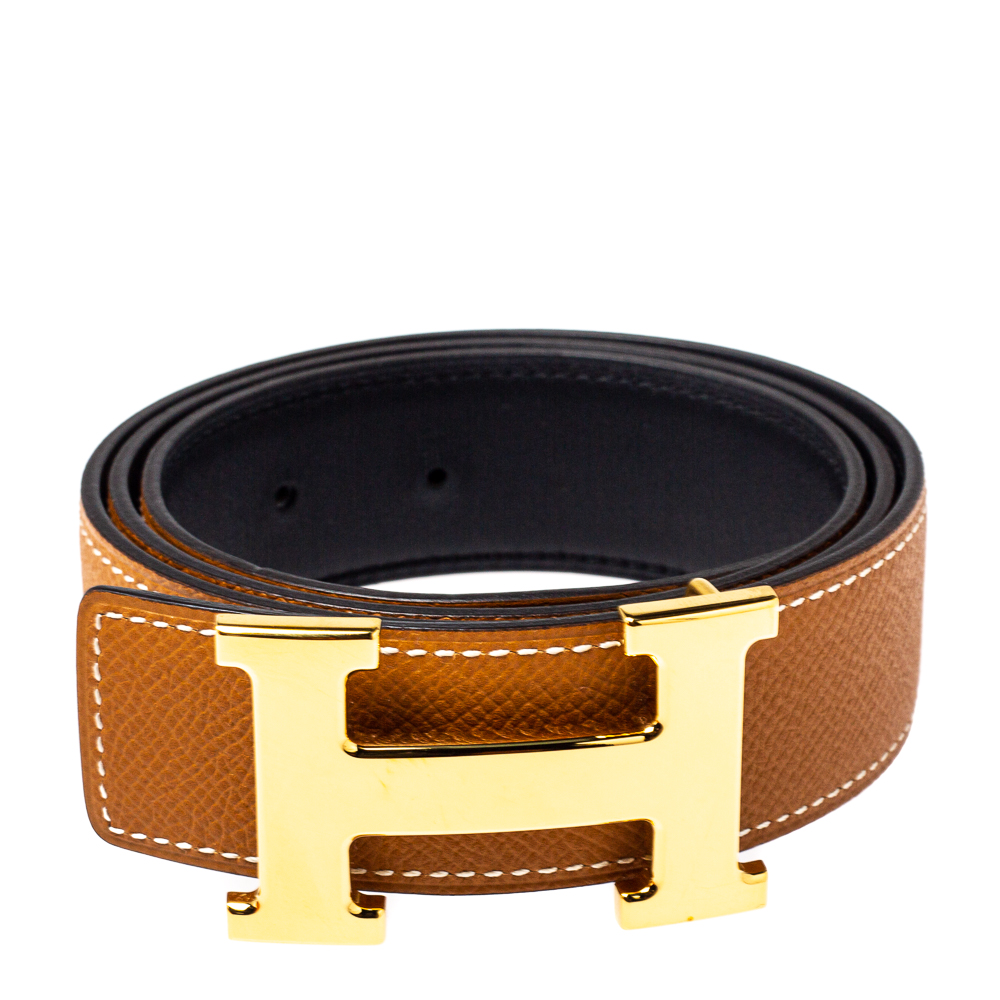 

Hermes Gold/Black Togo and Swift Leather Constance Reversible Belt, Brown