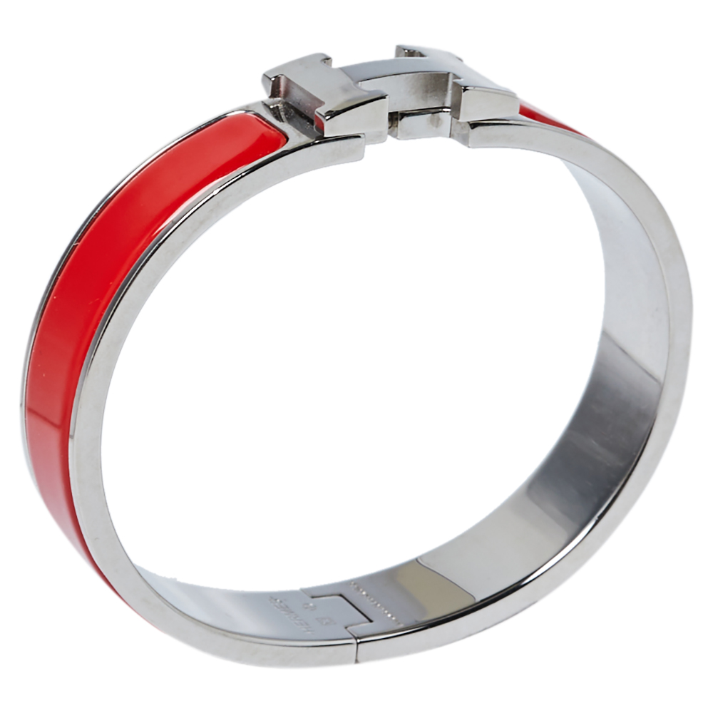 

Hermès Clic H Coral Red Enamel Palladium Plated Narrow Bracelet PM