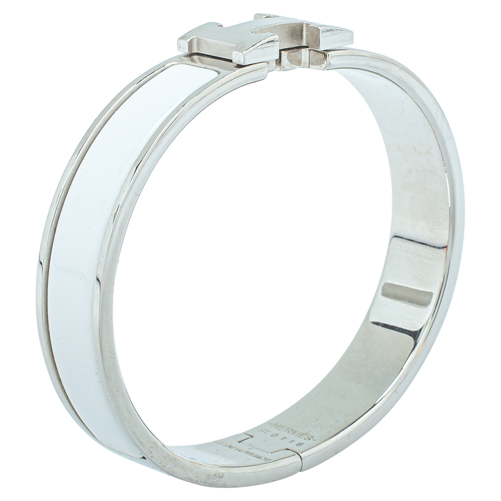 

Herm÷s Clic H Blanc Enamel Palladium Plated Narrow Bracelet PM, White