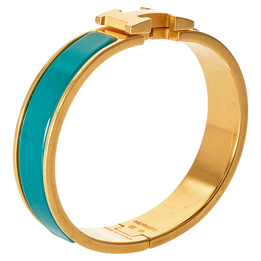 

Hermès Clic H Green Enamel Gold Plated Narrow Bracelet PM