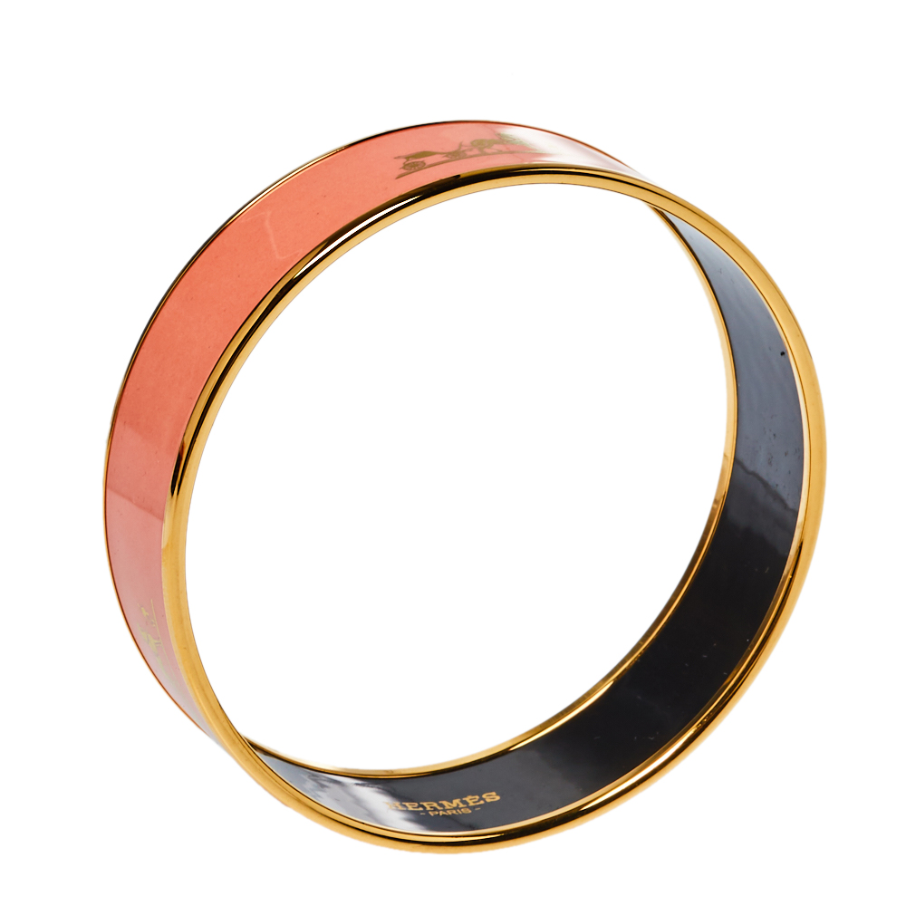 

Hermès Peach Enamel Gold Plated Caleche Bangle Bracelet, Pink