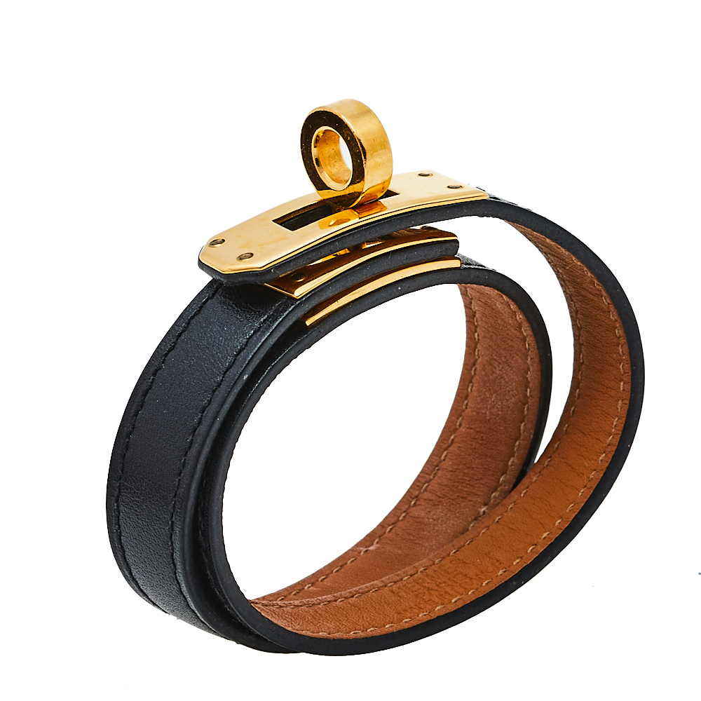 

Hermès Kelly Double Tour Black Leather Gold Plated Wrap Bracelet