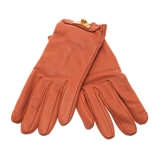 Hermes Orange Leather Soya Gloves Size 8