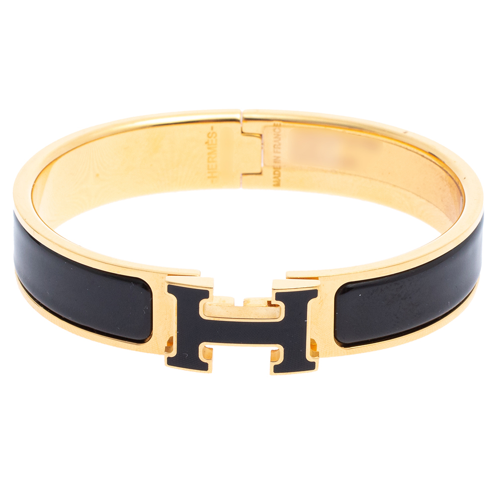 Pre-owned Hermes Herm&egrave;s Clic H Black Enamel Gold Plated Narrow Bracelet Pm