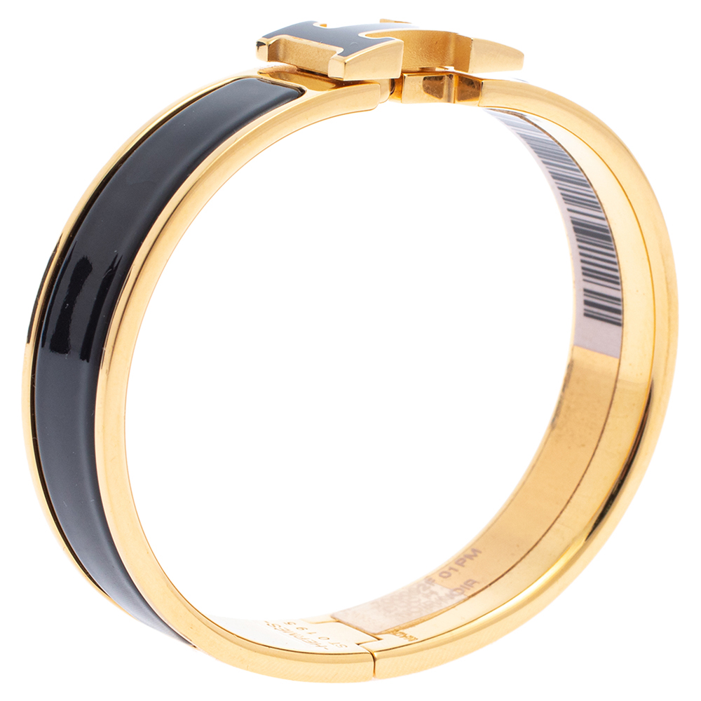 

Herm÷s Clic H Black Enamel Gold Plated Narrow Bracelet PM