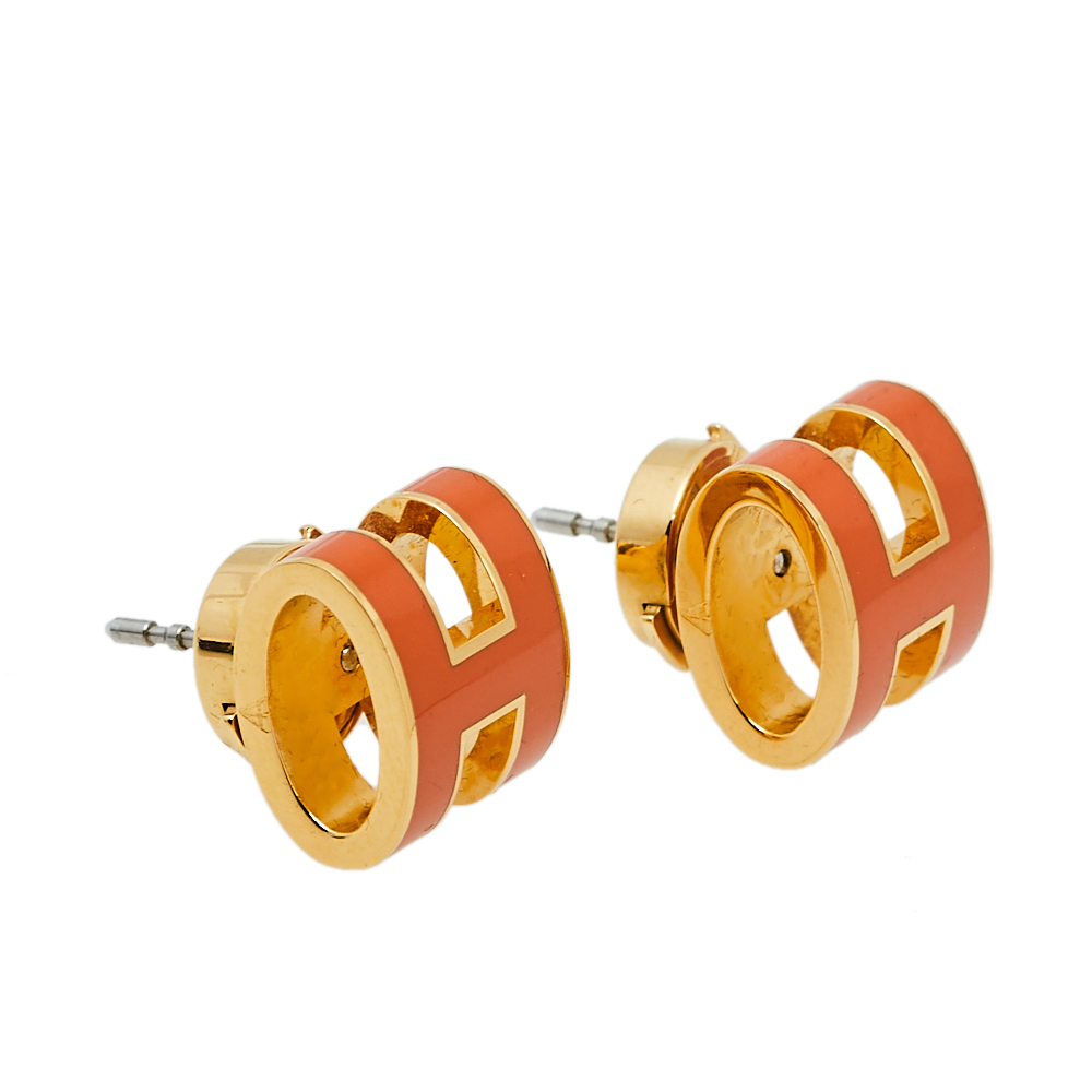 

Herm÷s Pop H Orange Lacquered Gold Plated Stud Earrings