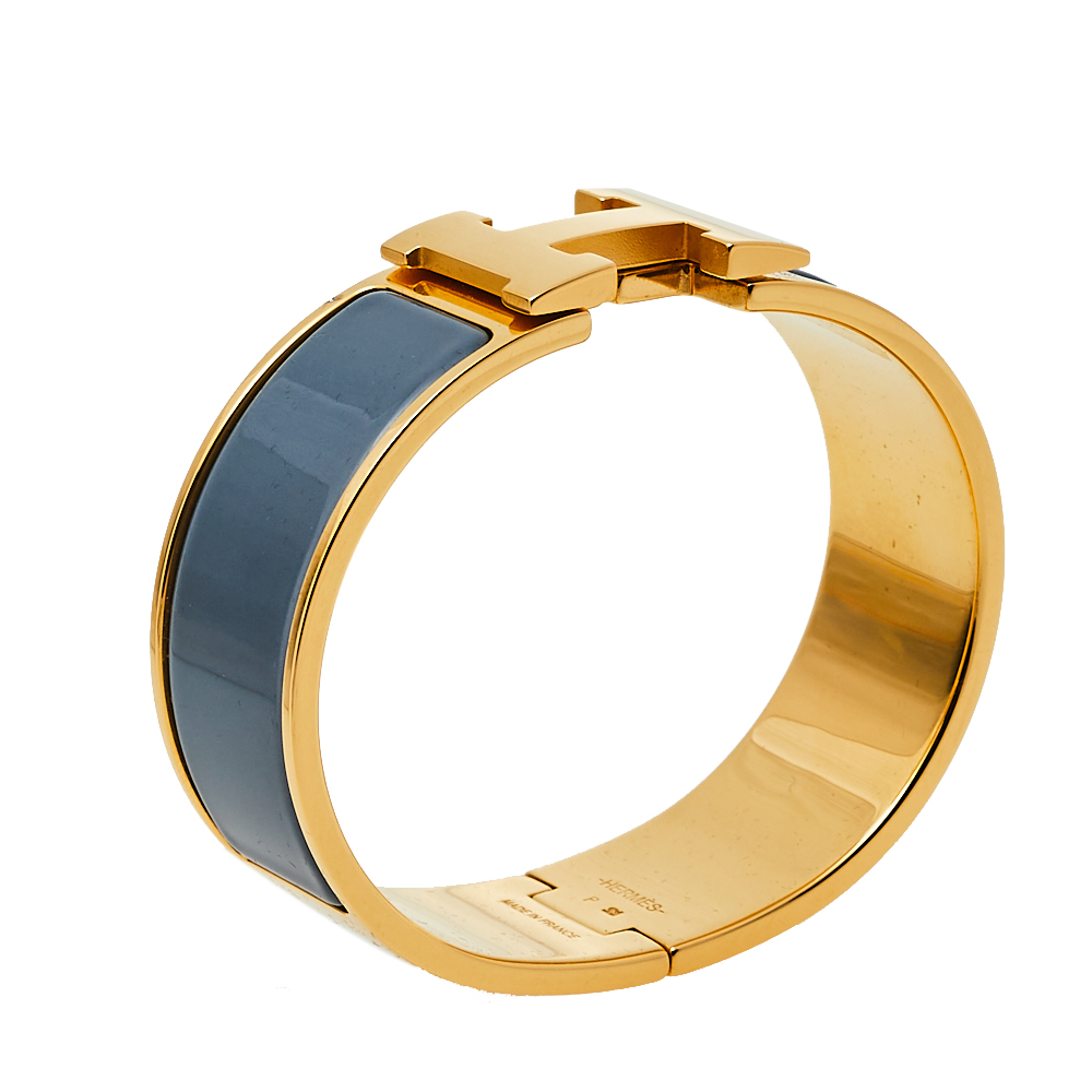 

Hermès Clic Clac H Grey Enamel Gold Plated Wide Bracelet PM