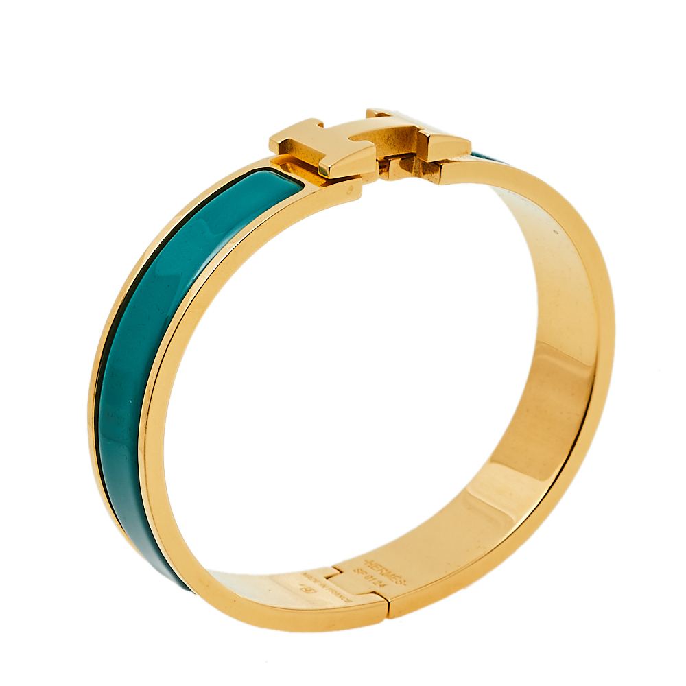 

Hermès Clic H Green Enamel Gold Plated Narrow Bracelet PM
