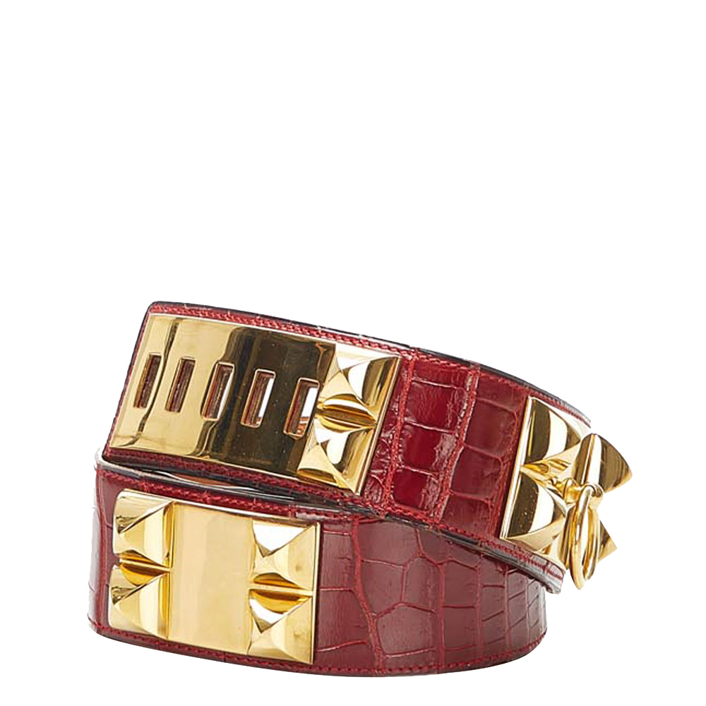 

Hermes Shiny Crocodile Embossed Leather Vintage Porosus Collier de Chien Belt, Gold