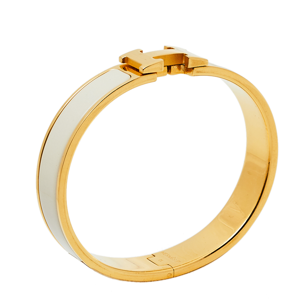 

Hermes Gold Plated Nacre Enamel Clic H Narrow Bracelet PM, Beige