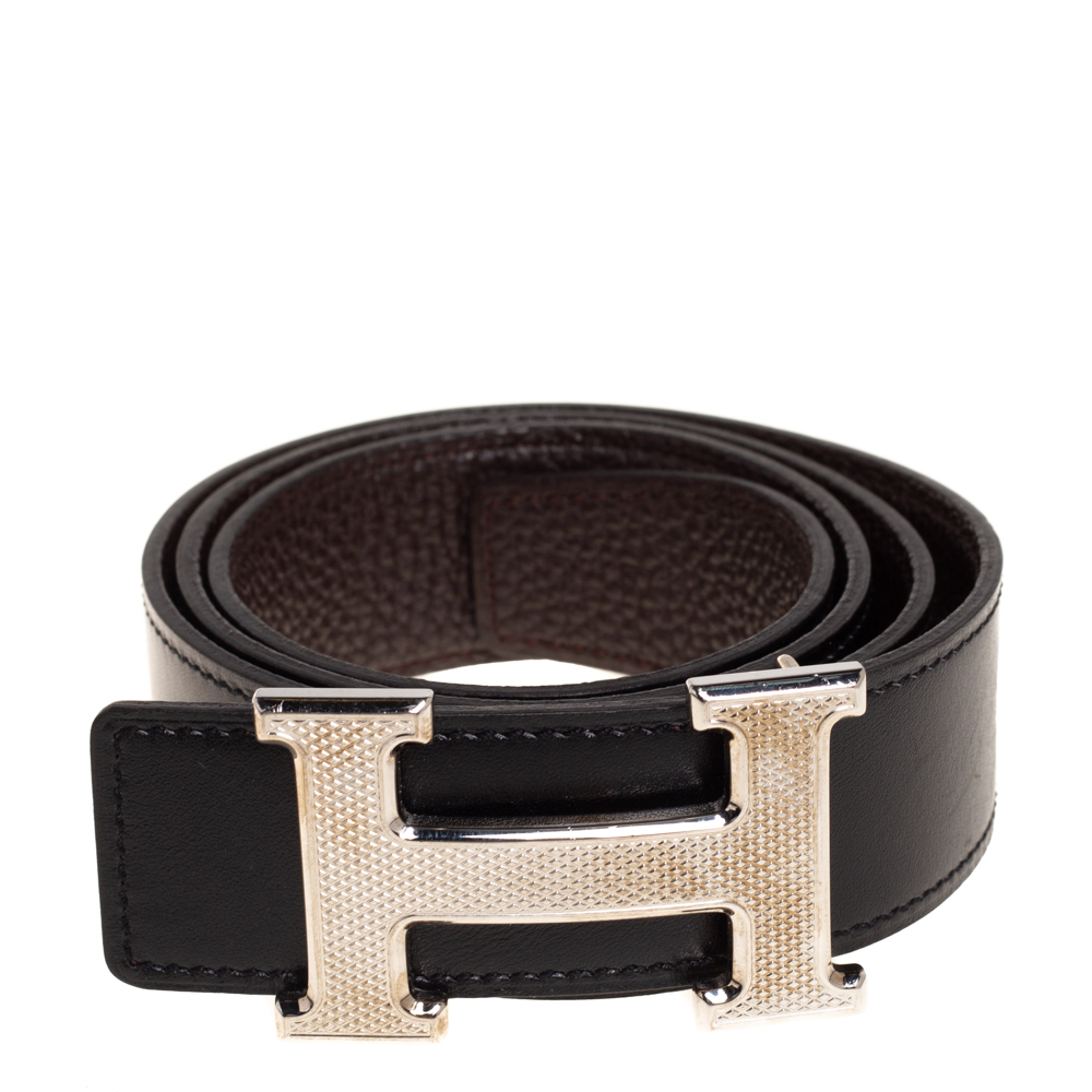 

Hermes Black/Cacao Box Calf and Togo Leather Guillochee H Buckle Reversible Belt