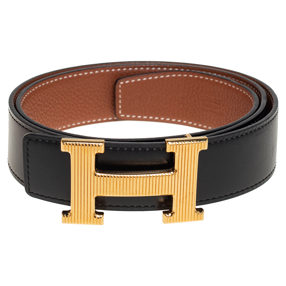 

Hermes Black/Gold Box Calf and Togo Leather Groove H Buckle Reversible Belt