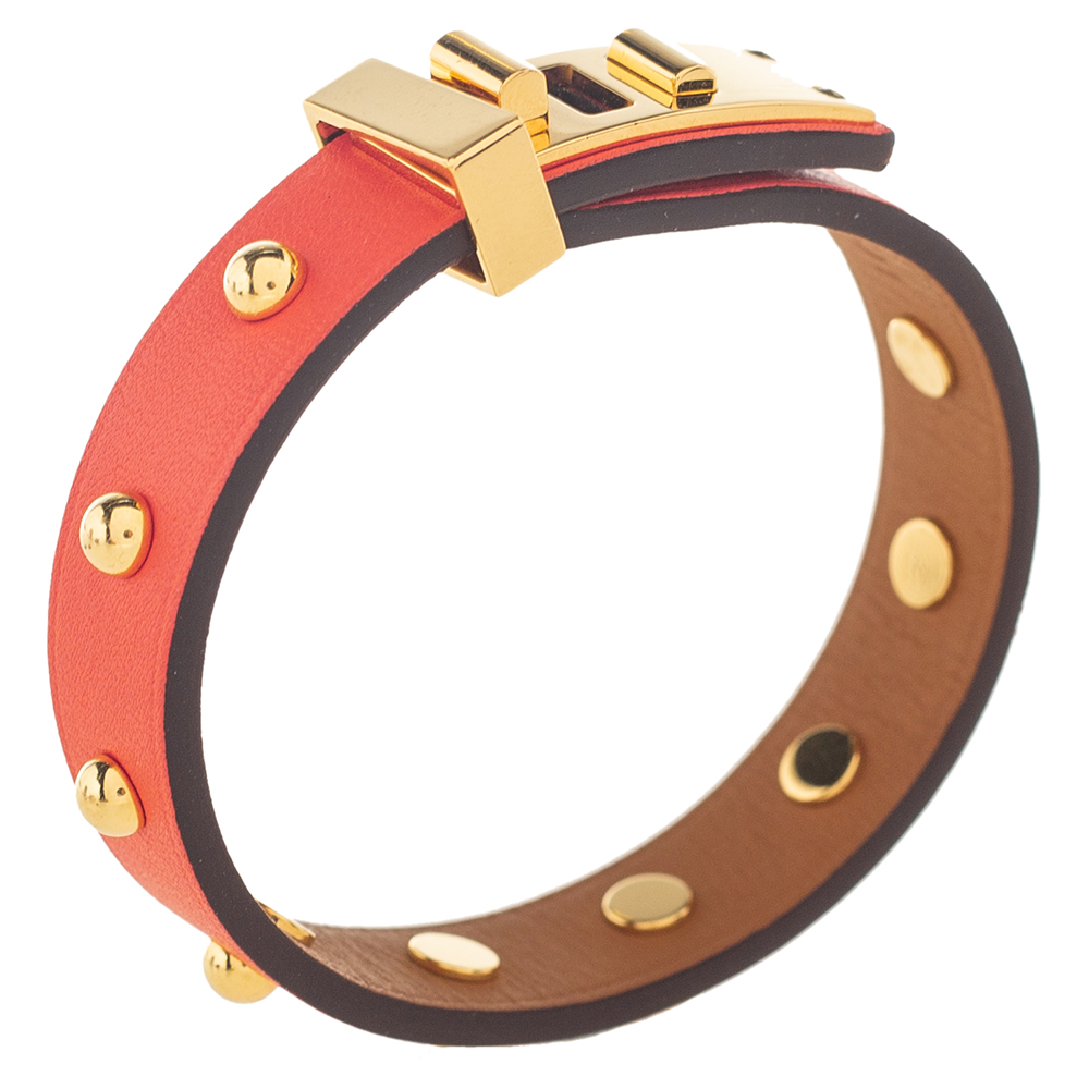 

Hermes Orange Leather Gold Plated Mini Dog Clous Ronds Bracelet Size T2