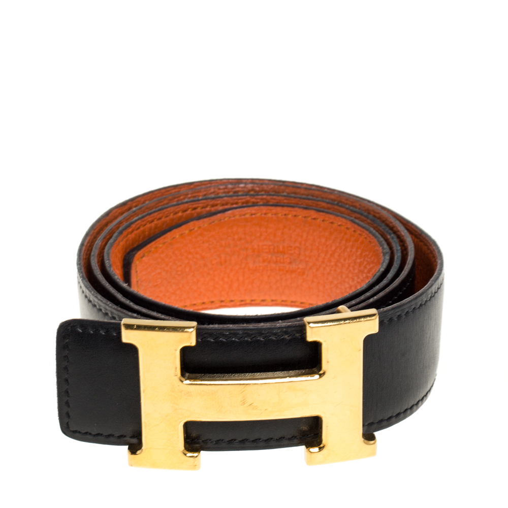 

Hermes Noir/Orange Box Calf and Togo H Buckle Reversible Belt, Black