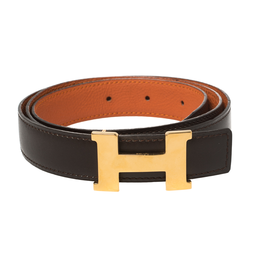 

Hermes Cacao/Orange Box Calf and Togo Leather Mini Constance Reversible Belt, Brown