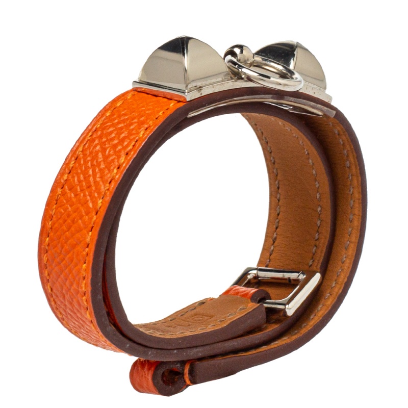 

Hermès Orange Leather Palladium Plated Rivale Double Tour Bracelet